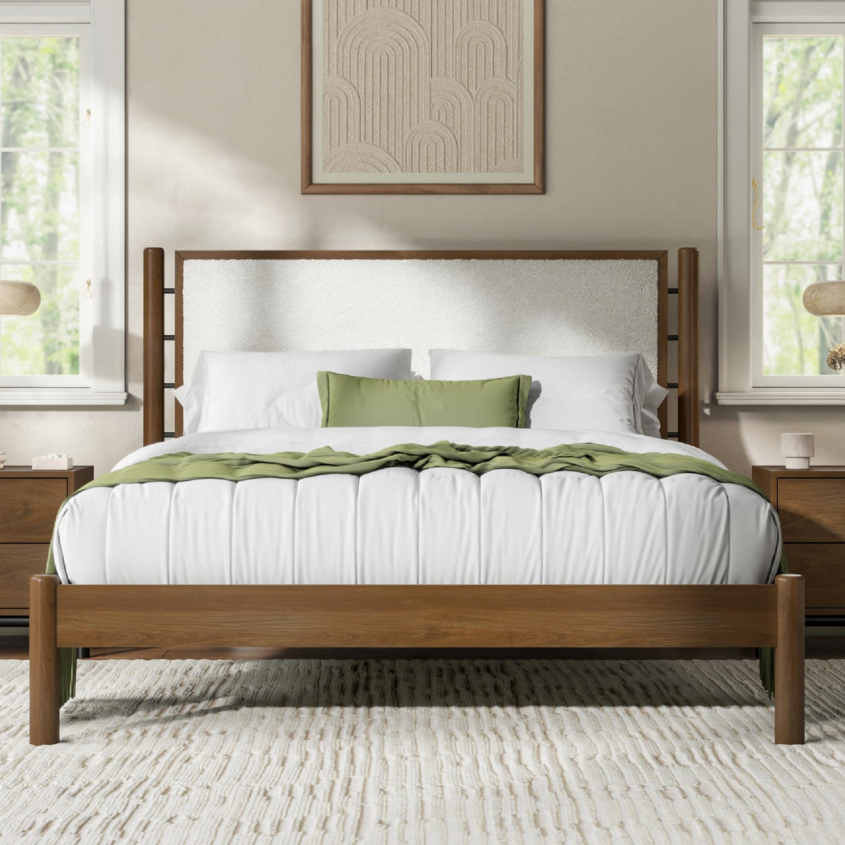 Queen Size Solid Wood Bed Frame with Upholstered Boucle Headboard