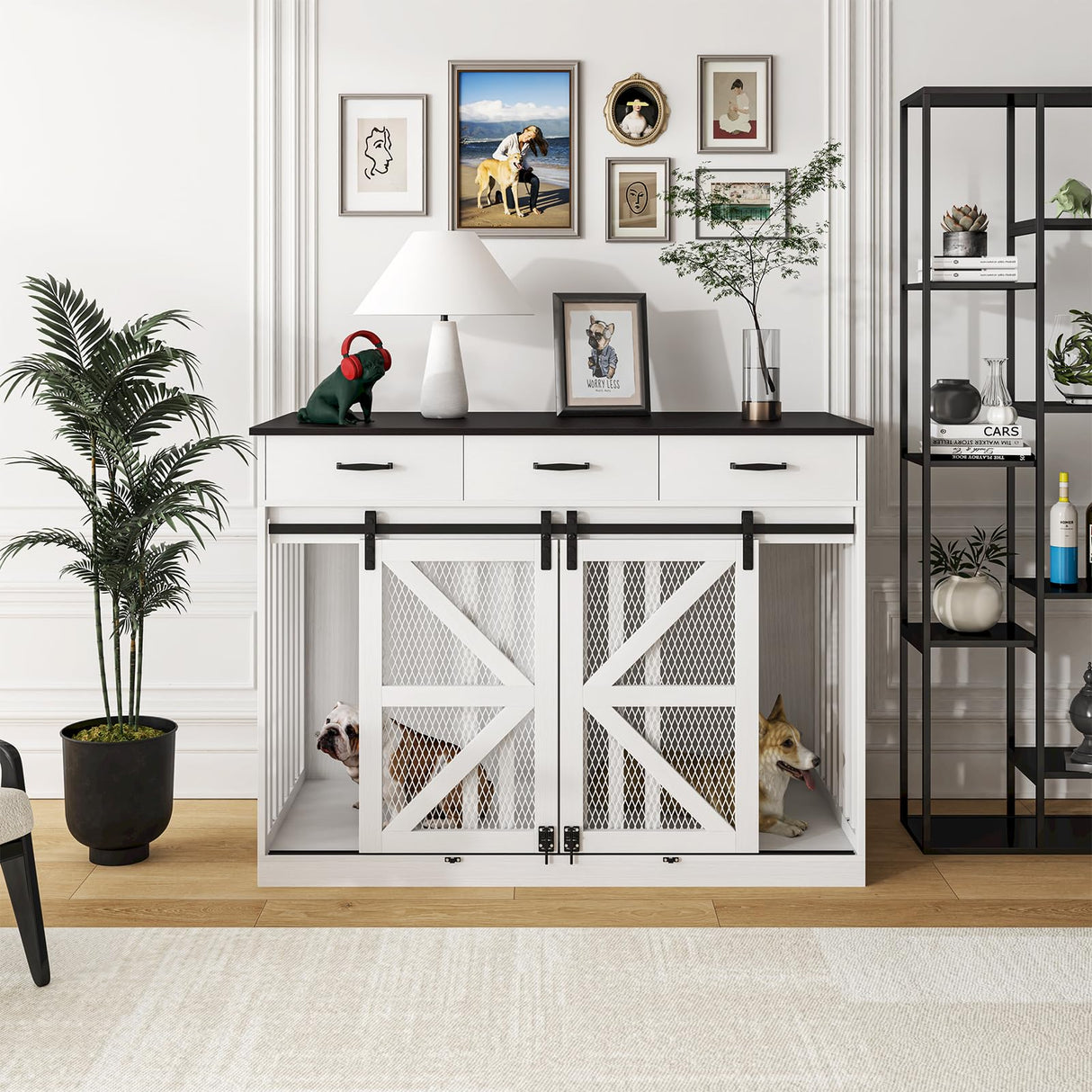 Farmhouse Dog Crate Furniture with Storage Drawers - Large Wooden Kennel & TV Stand