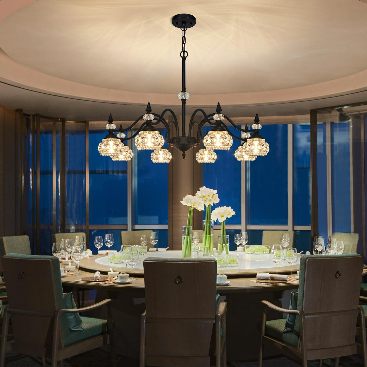 8-Light Chandeliers Light Fixture Modern Black Crystal Glass Shade Pendant Lighting