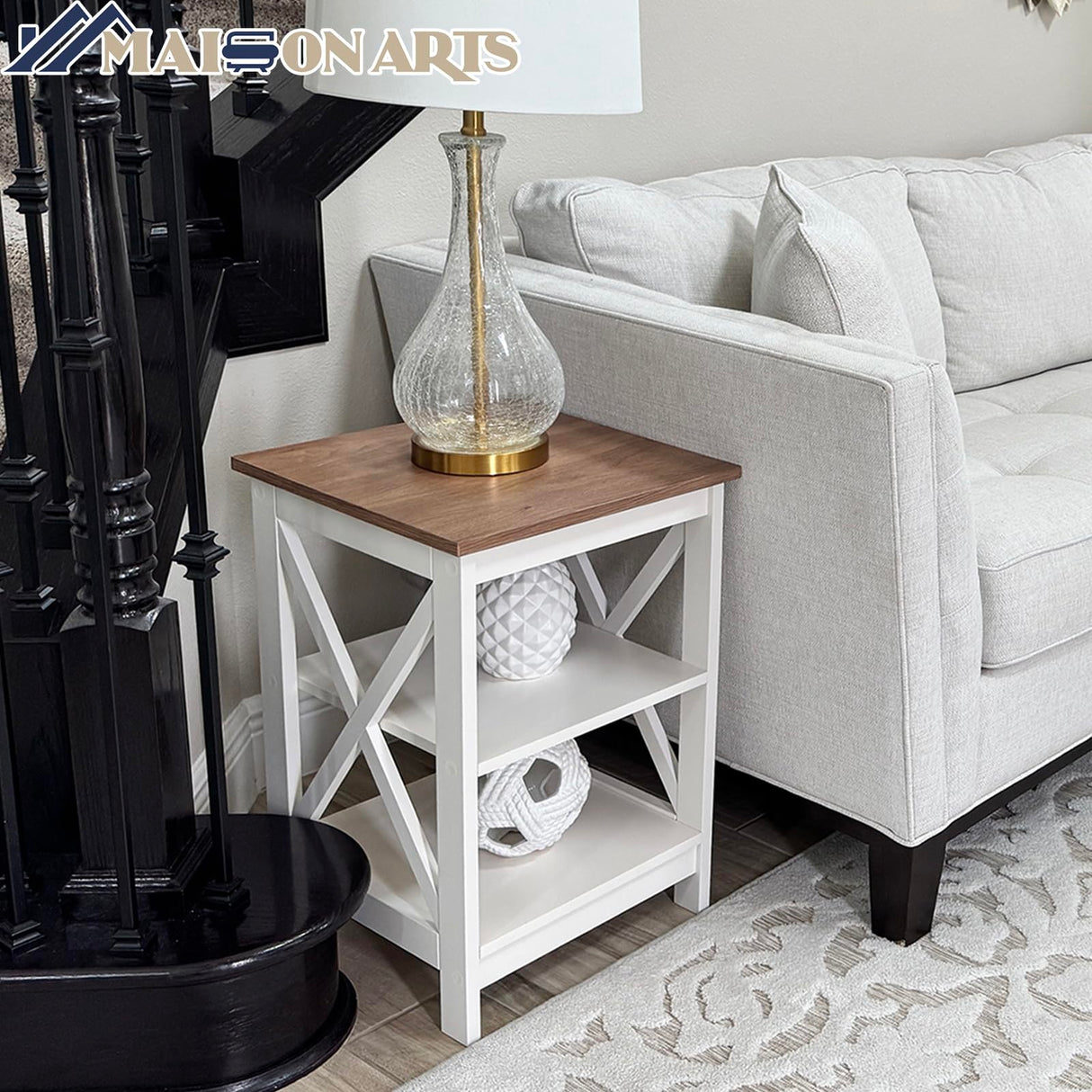 End Tables Living Room Set of 2, Farmhouse Small Side Table 3-Tier Modern Bed Side