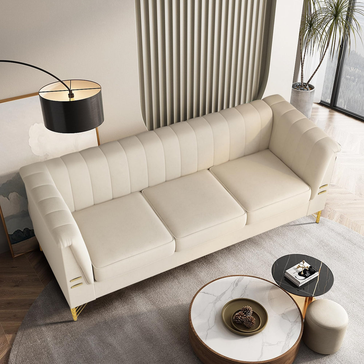 WeaArco 83 Inches 3 Seater Couch,Modern Velvet Sofa Couch with Gold Metal Legs,Mid-Century Modern Couch High Arm for Living Room,Bedroom,Office (Beige)