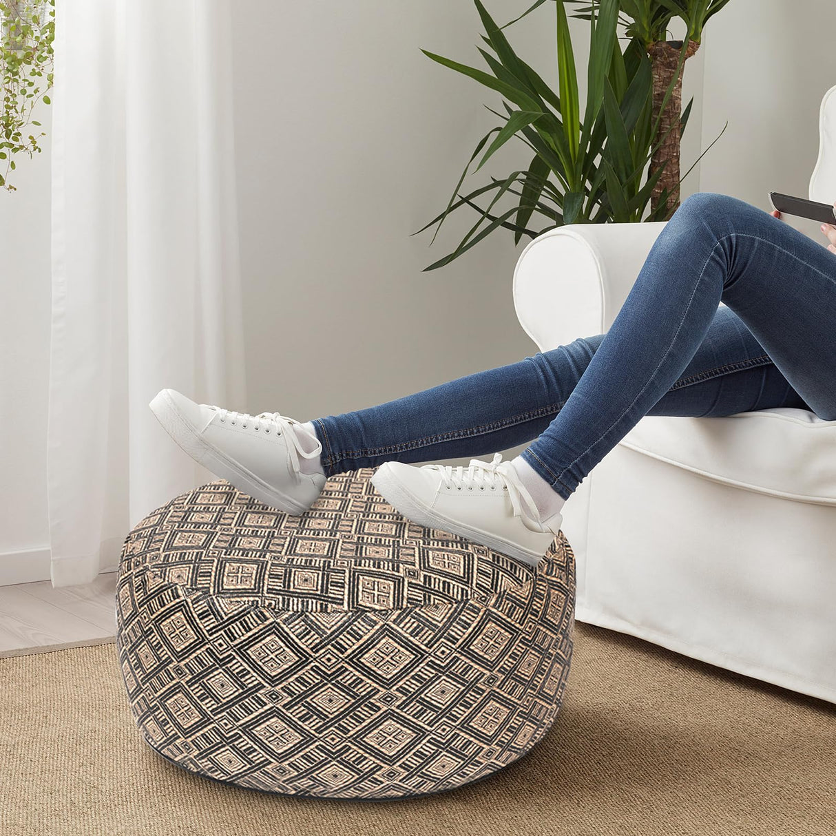 Woven Inflatable Ottoman D21”x H10” Outdoor Indoor Pouf Patio Footrest Stool