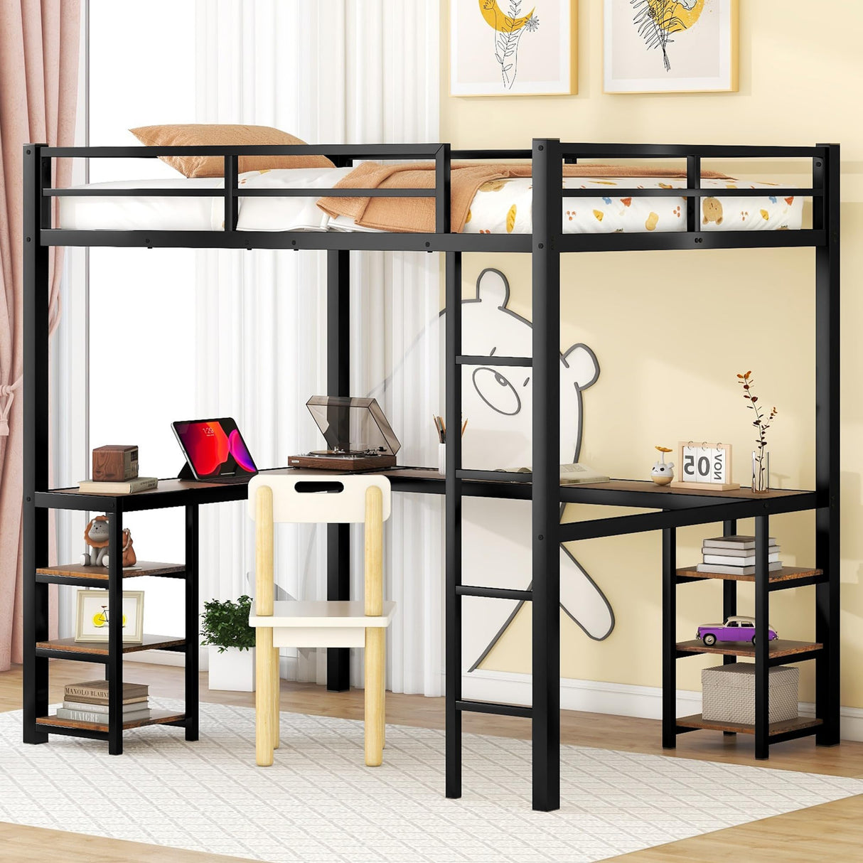 Full Size Loft Bed with L Shaped Desk,Metal Frame Loft Bed Full