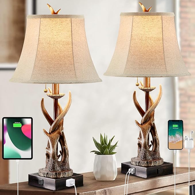 Antler Table Lamps Set of 2 with USB A+C Ports for Bedroom Farmhouse Deer Rustic