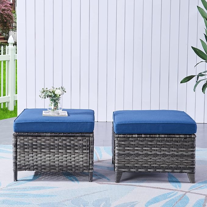 Outdoor Ottomans for Patio Set of 2 PE Wicker Steel Frame Outdoor Footstool for Patio