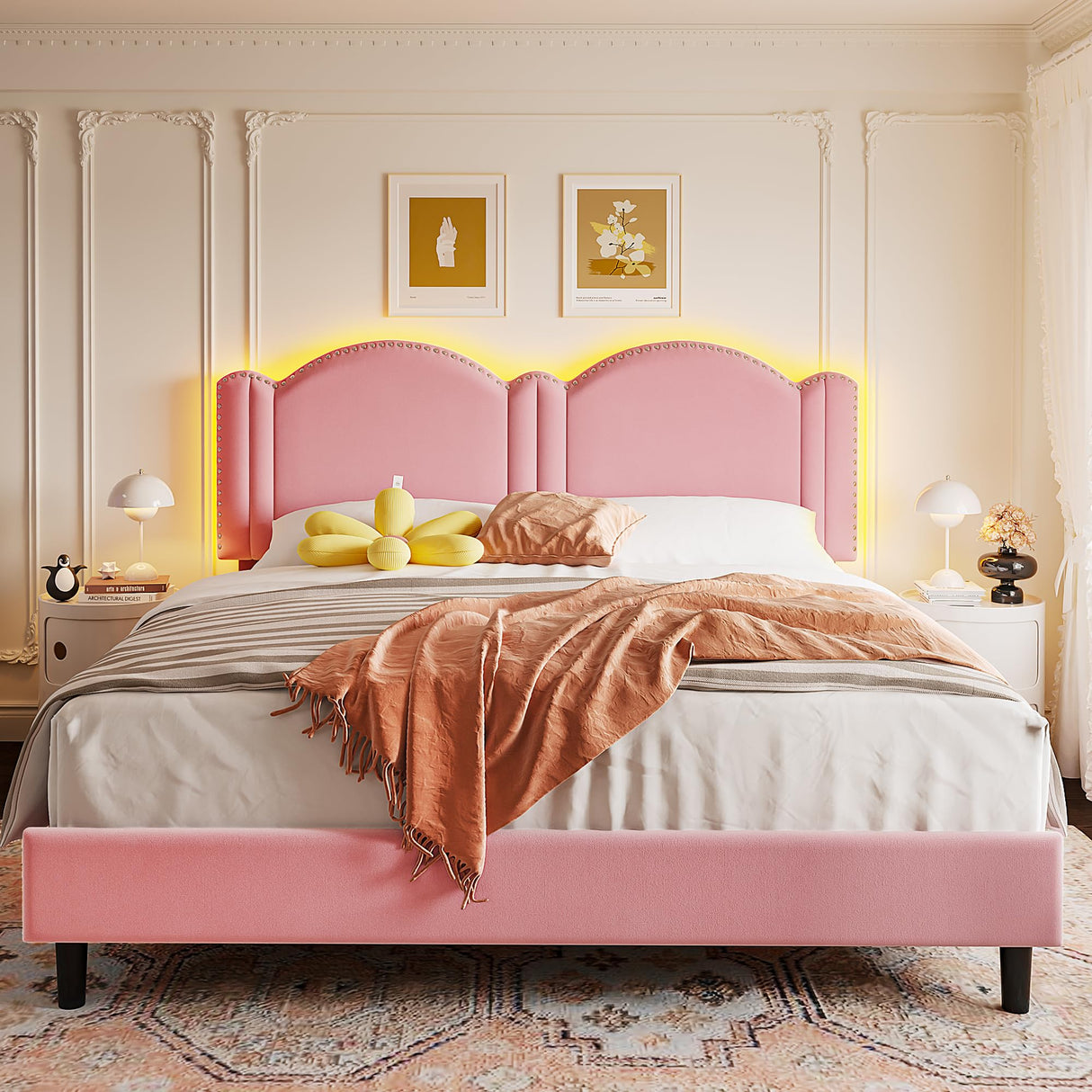 Full Upholstered Smart LED Bed Frame,Princess Platform Bed Frame