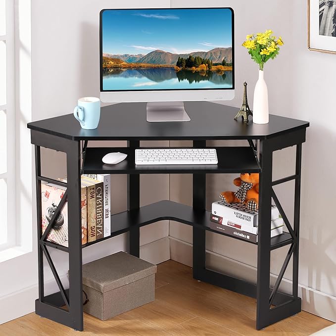 Corner Computer Desk Writing Smooth Keyboard Tray & Storage Shelves,Compact Home Office Triangle