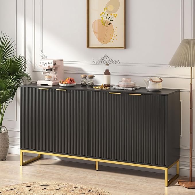 Fluted Accent Cabinet, Kitchen Sideboard Buffet Cabinet with 4 Fluted Doors