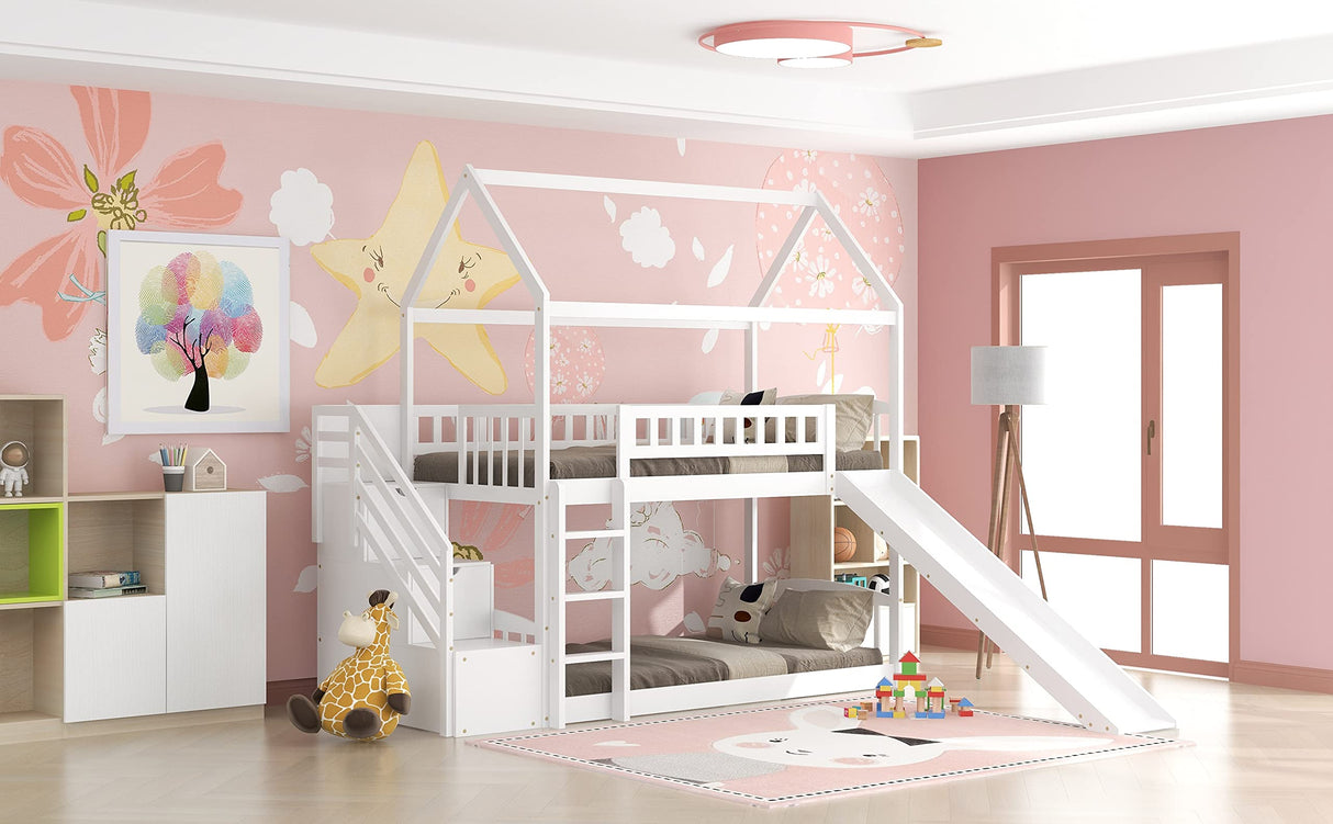 Modern Bedroom Furniture White Double Storey House Bed with Drawer and Slide