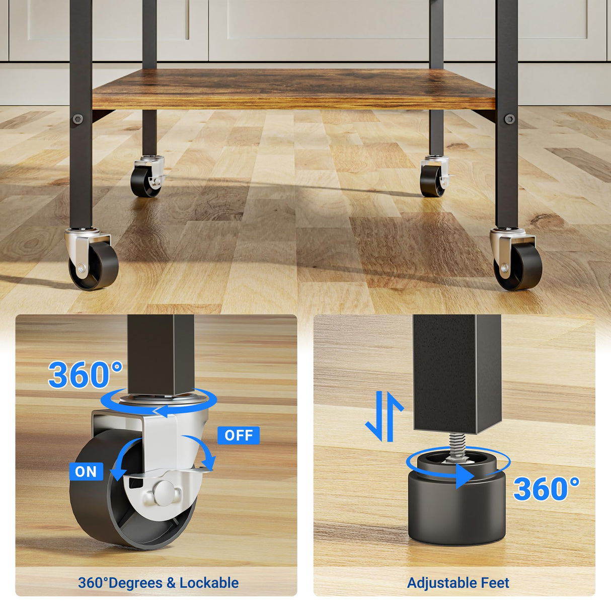 Kitchen Island on Wheels with 3 Shelves, Rolling Utility Trolley Cart