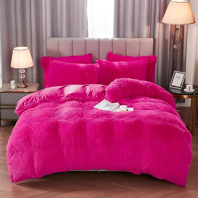 Shaggy Fluffy Faux Fur Duvet Cover Set Button Closure Velvety Bedding Set Comforter