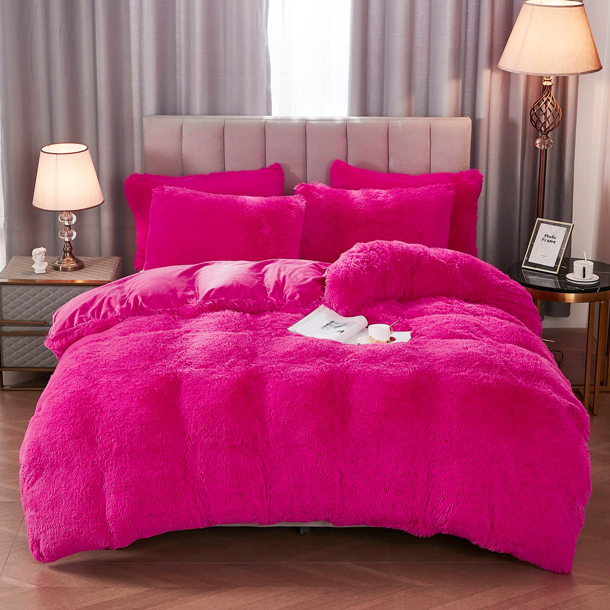 Shaggy Fluffy Faux Fur Duvet Cover Set Button Closure Velvety Bedding Set Comforter