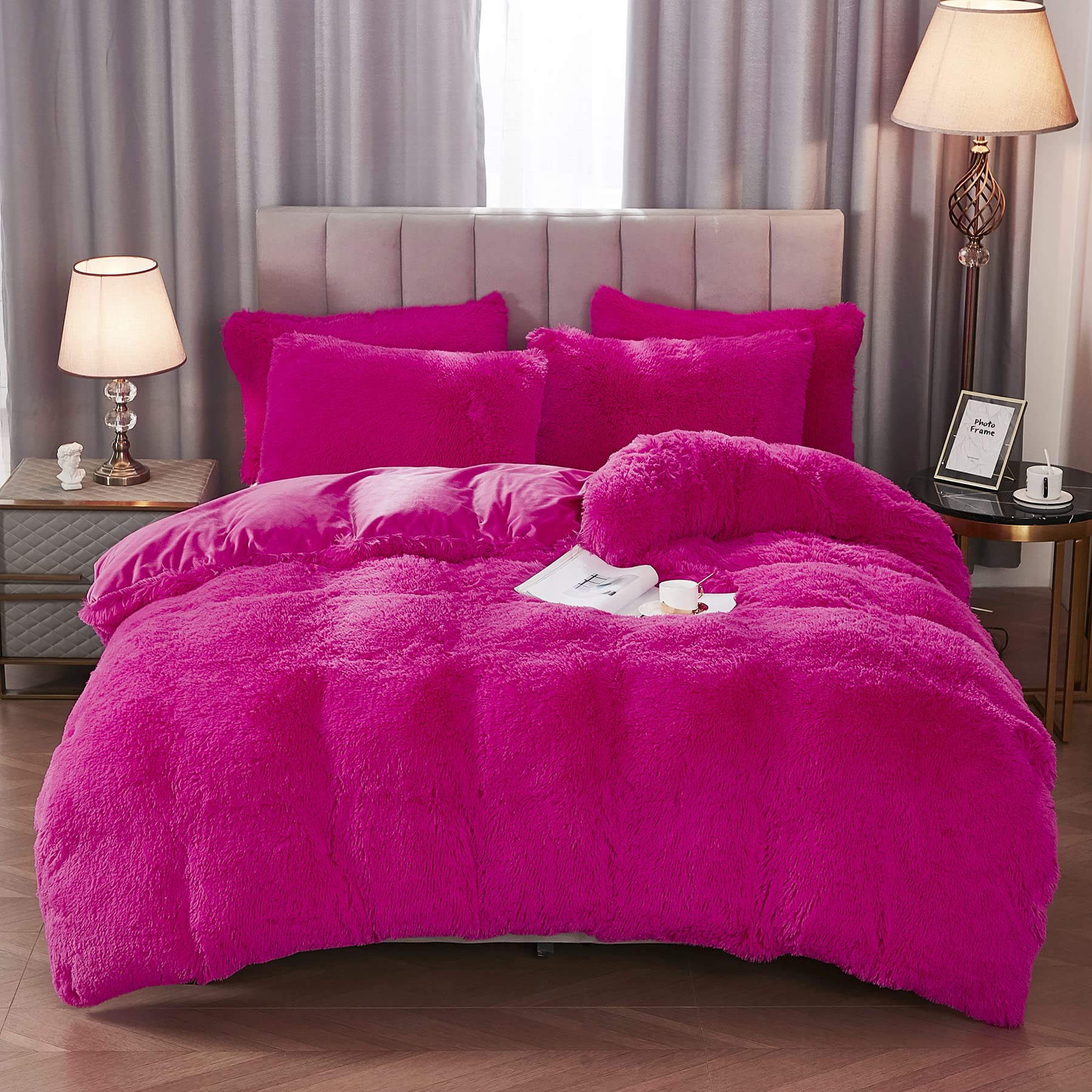 Shaggy Fluffy Faux Fur Duvet Cover Set Button Closure Velvety Bedding Set Comforter
