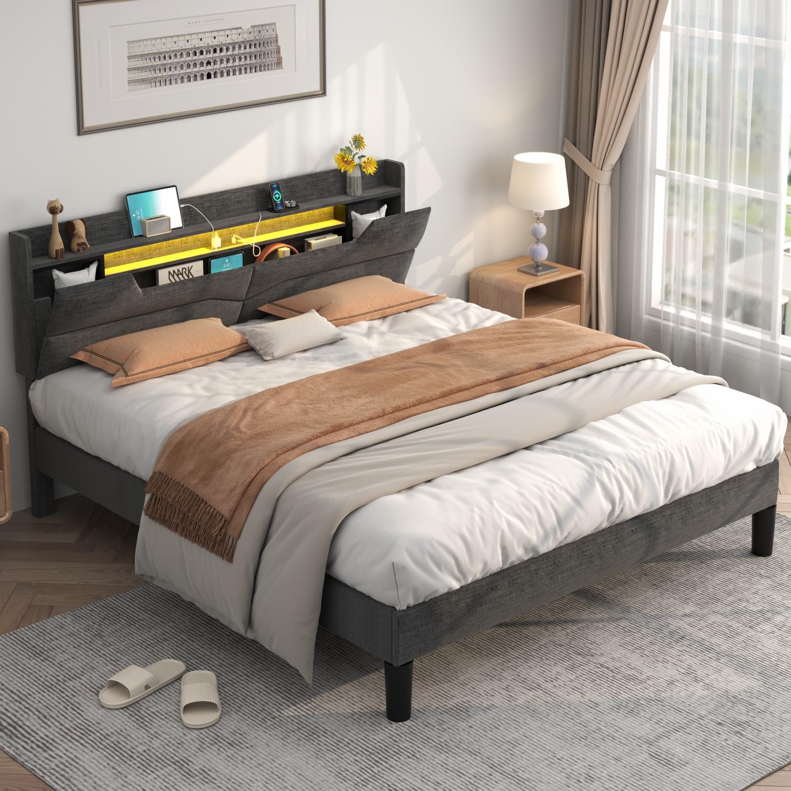 Gyfimoie Upholstered Queen Bed Frame with Adjustable Storage Headboard,