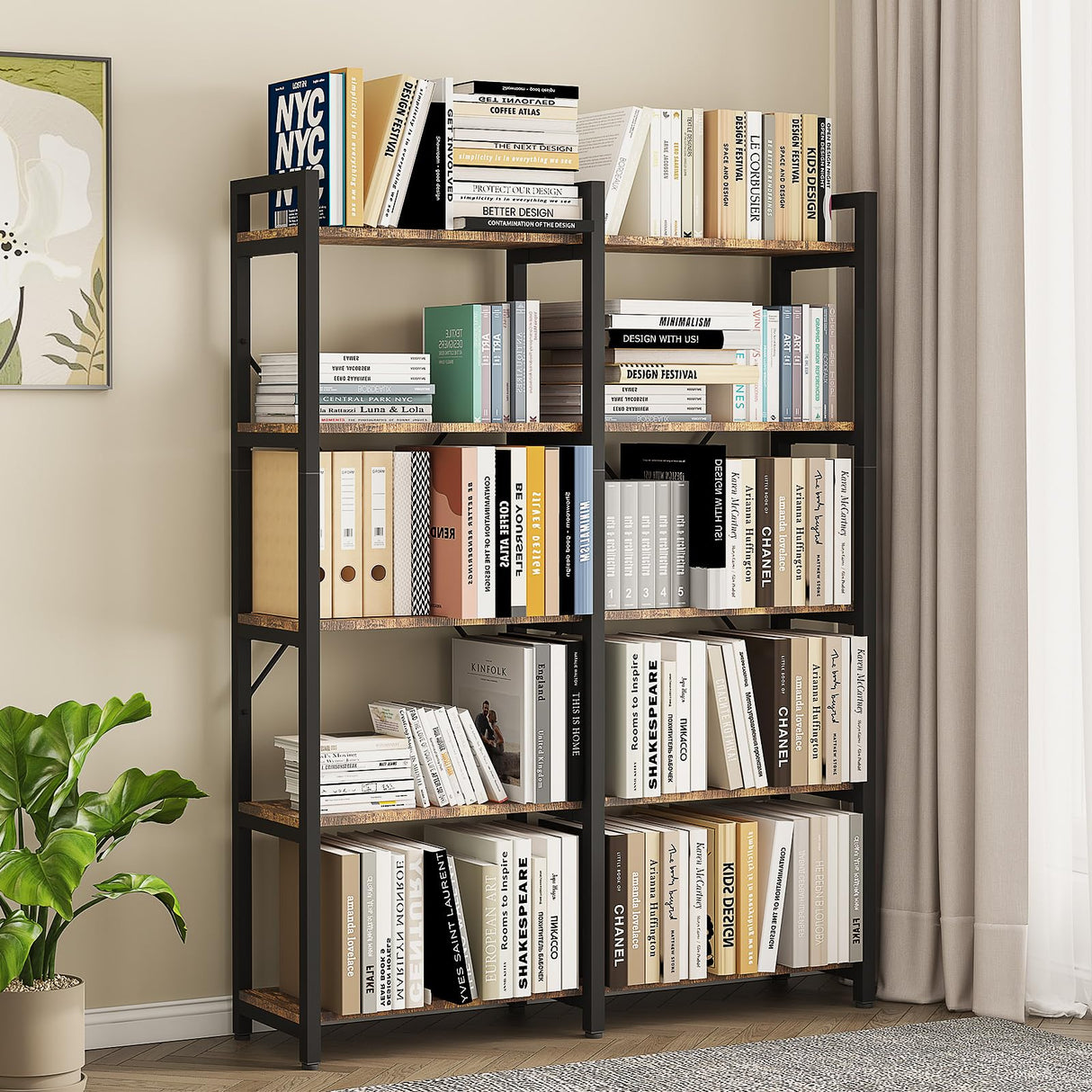5 Tier, 58.7'' Industrial Wooden Book Shelf with Metal Frame, Large Storage Rack with Open Shelves, Wood Display Bookcase for Home and Office, Rustic Brown