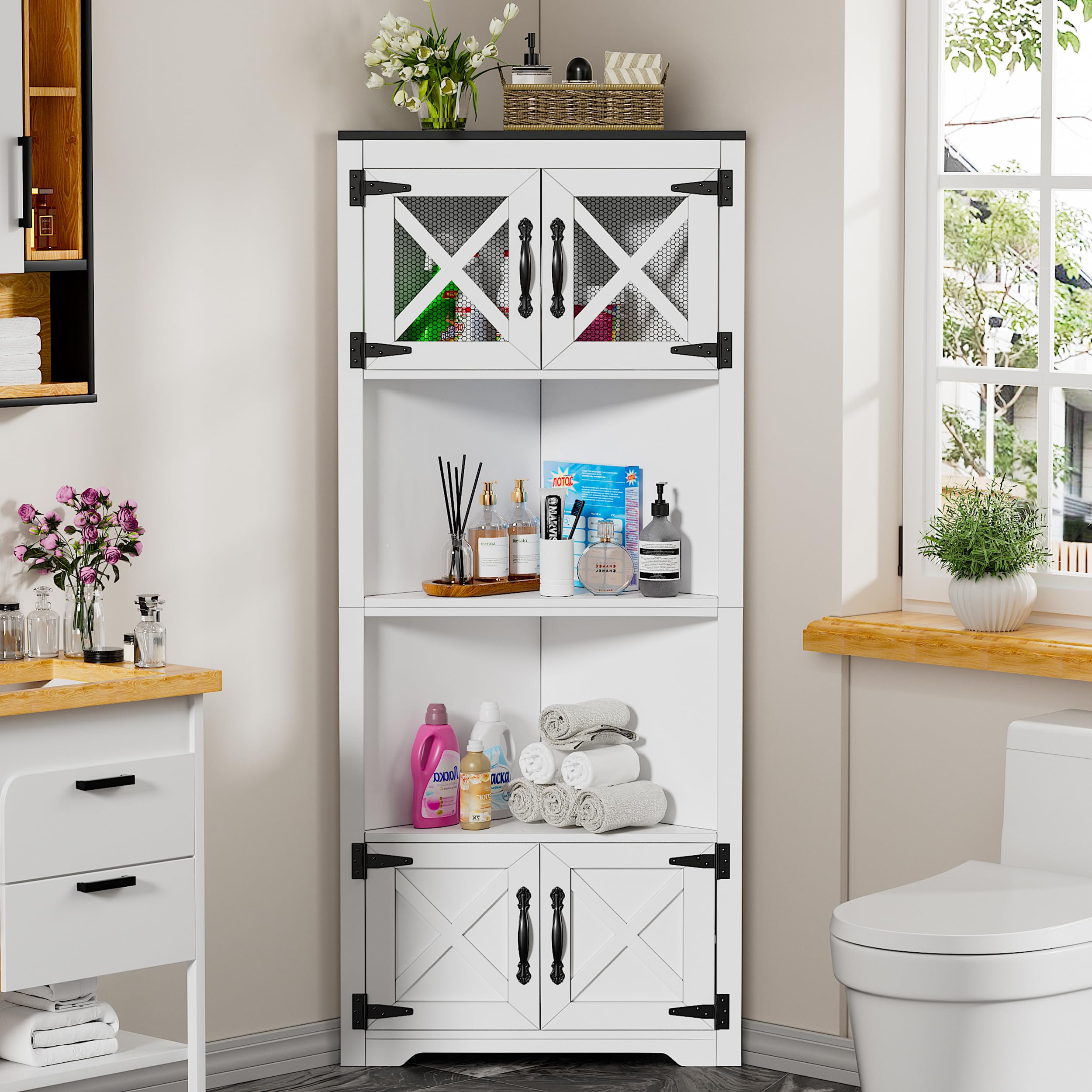PAKASEPT Farmhouse Corner Cabinet, 5 Tier 66" Tall Corner Cabinet with Barn Door Design & Mesh Breathable Door, Corner Cabinet with Doors, Bathroom Corner Cabinet, for Bathroom, Living Room (White)