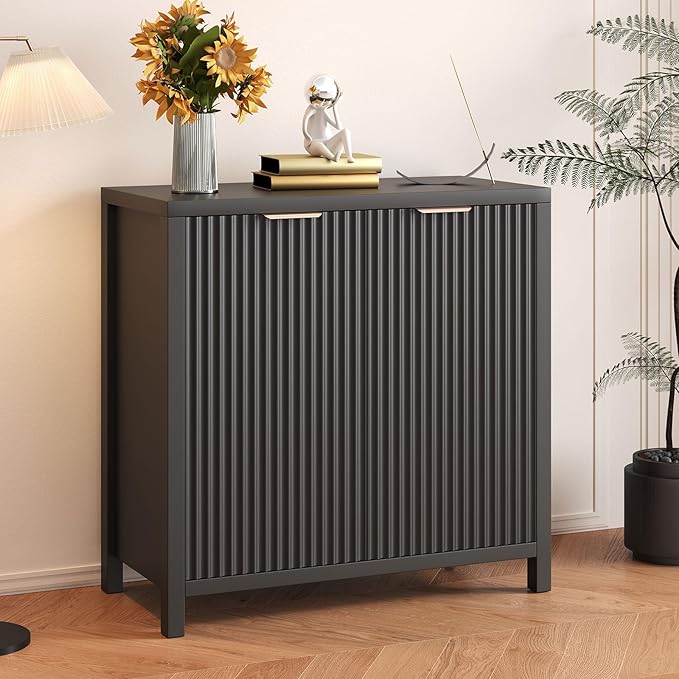 Modern Fluted Black Storage Cabinet with Adjustable Shelf