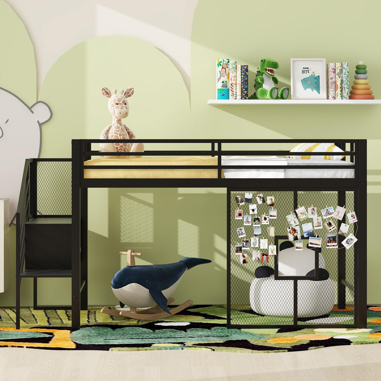 Twin Size Metal Low Loft Bed Frame with Storage Staircase and Iron mesh, Black