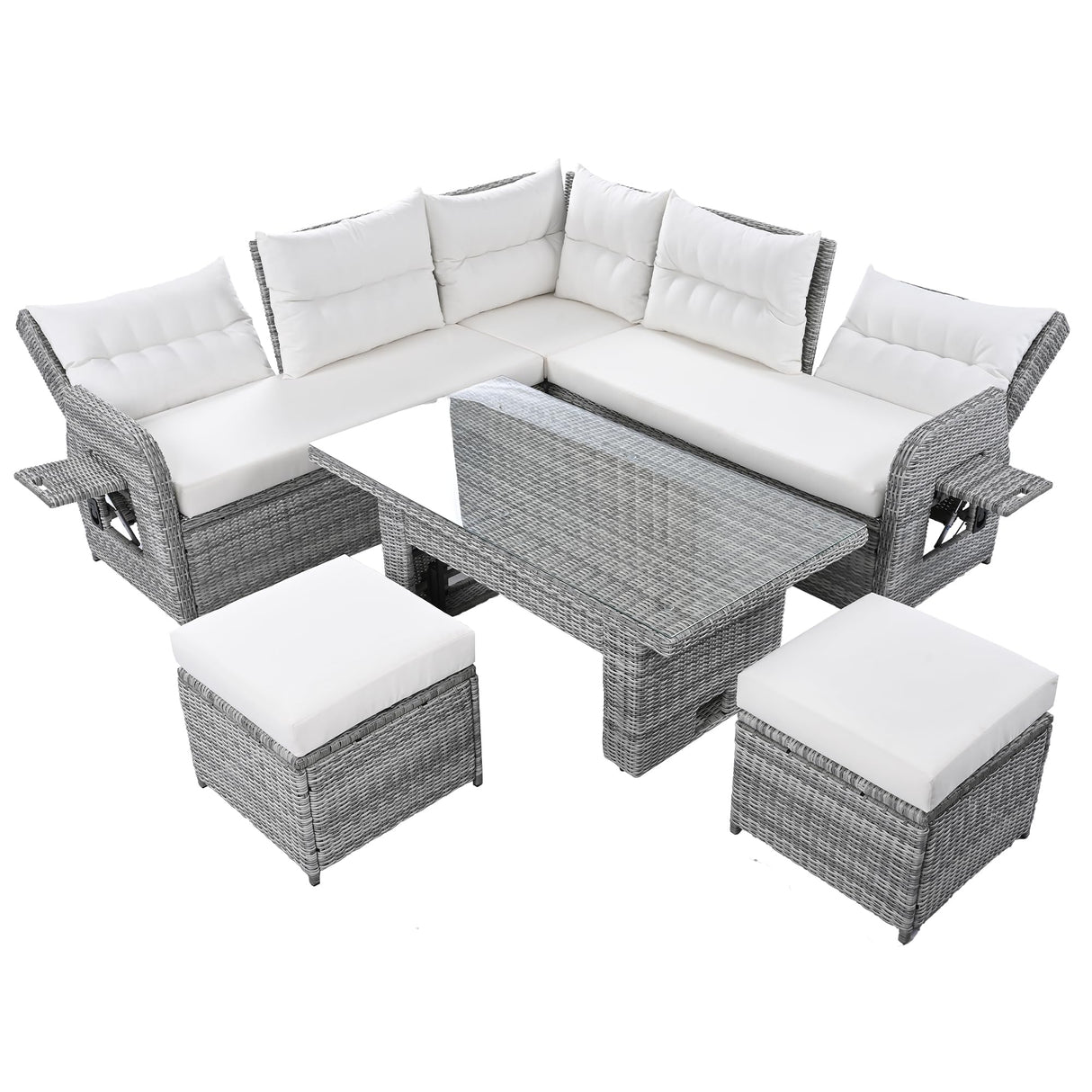 Patio Rattan Sectional Sofa Set with Adjustable Table