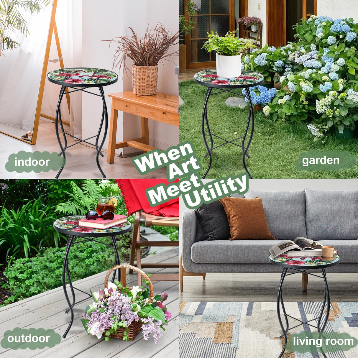 VCUTEKA Patio Side Table Outdoor Accent Table Small Mosaic Table Coffee Table End Table Porch Table Indoor Outdoor Round Glass Balcony Bistro Plant Stands Three Flamingos 14 inches - Bircata