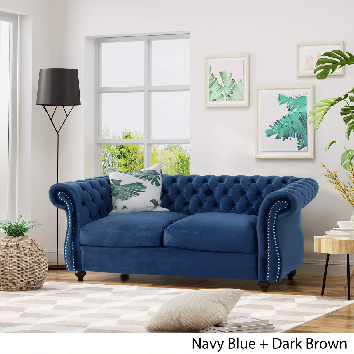 Karen Traditional Chesterfield Loveseat Sofa, Navy Blue and Dark Brown, 61.75 x 33.75 x 27.75