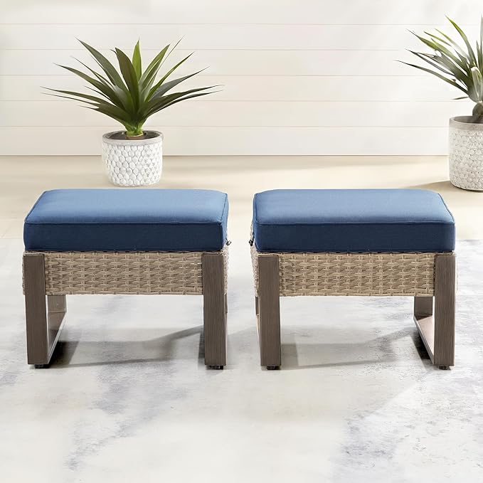 Outdoor Patio, All-Weather PE Rattan Ottomans Footstools