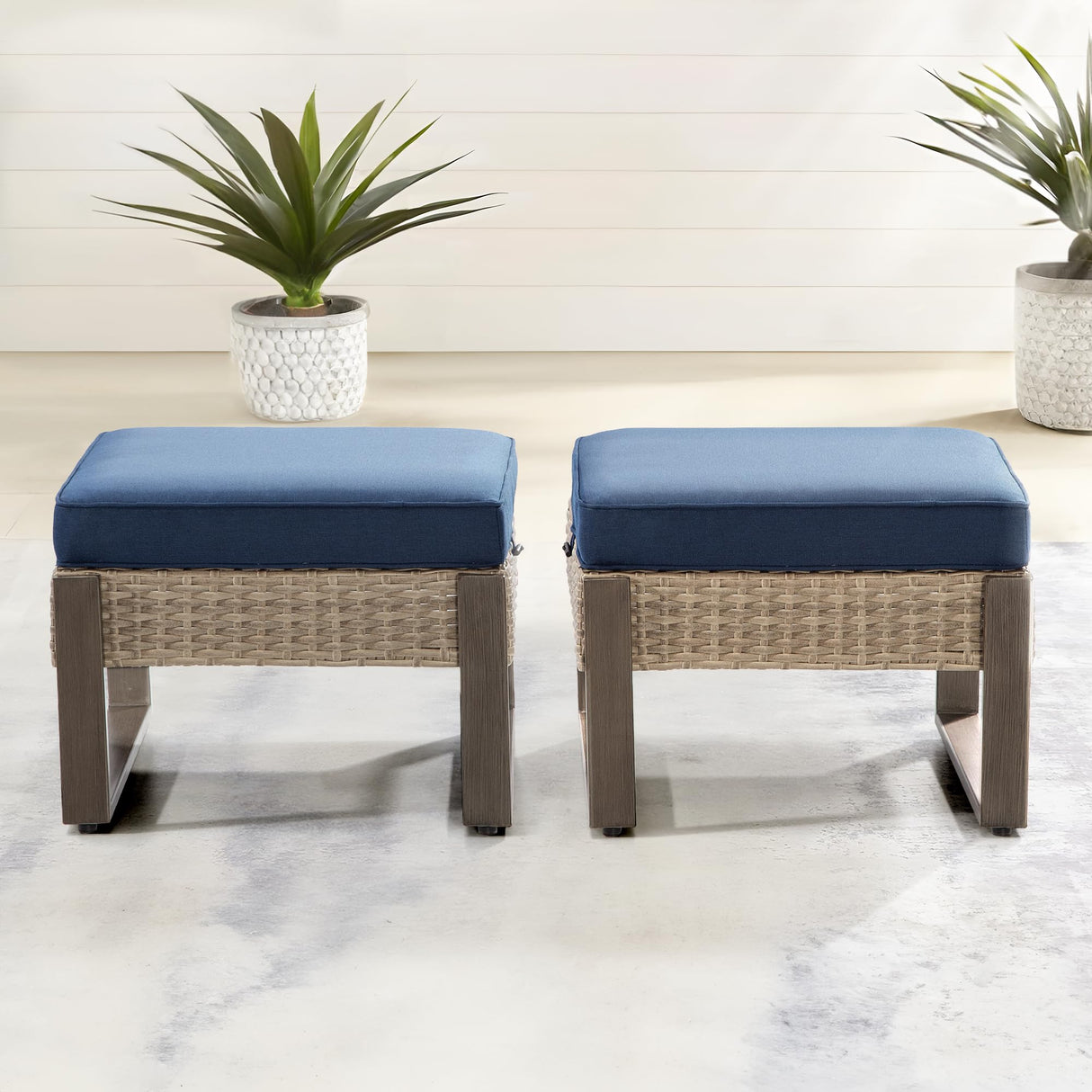 Outdoor Patio, All-Weather PE Rattan Ottomans Footstools with Removable Cushions