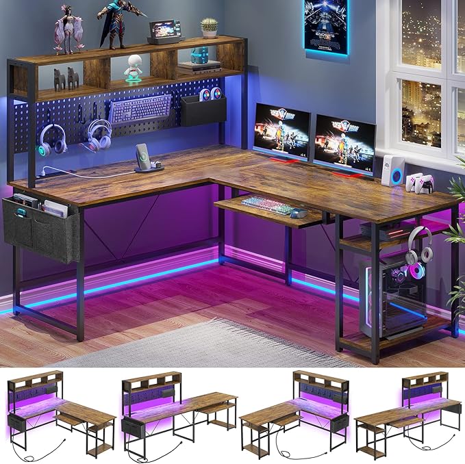 Shaped Gaming Desk, Reversible Computer Desk with Power Outlet and Pegboard