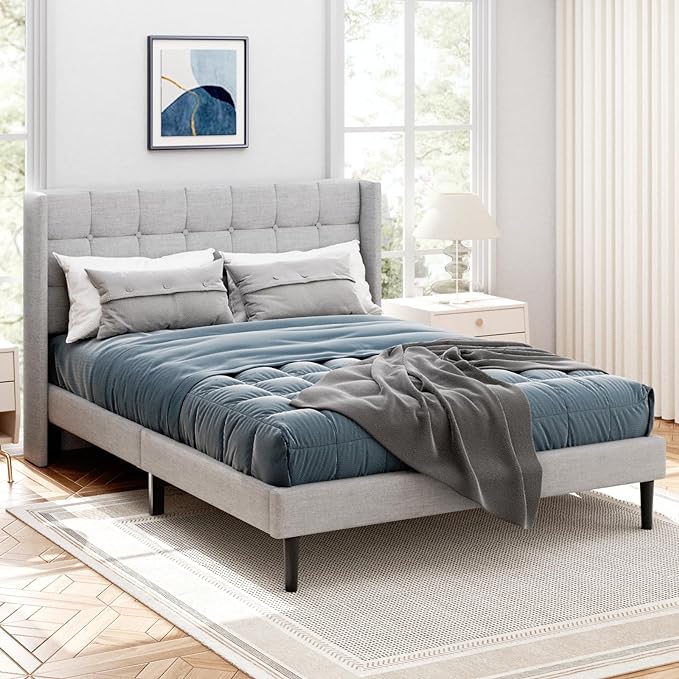 Queen Size Bed Frame with Headboard, Modern Upholstered Platform Bed Frames