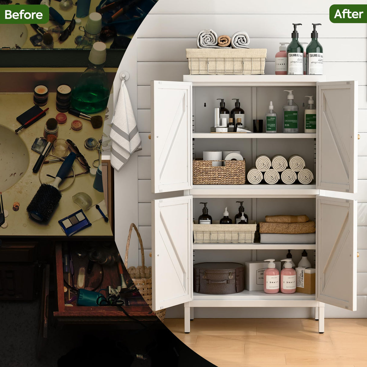 43.3''H Metal Bathroom Floor Storage Cabinet with 4 Doors & Adjustable Shelves