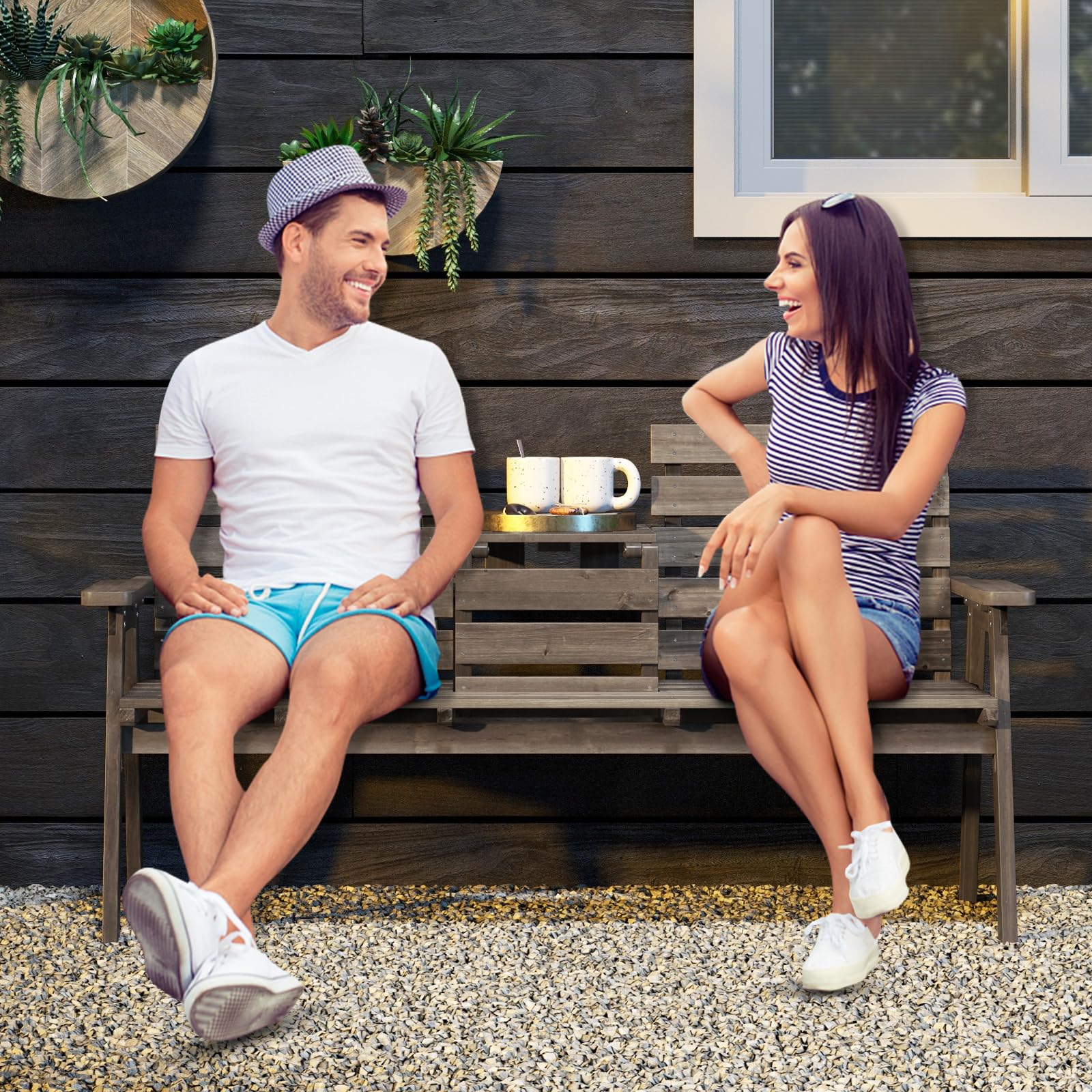 Outdoor Fir Wood Bench with Foldable Middle Table, 2-3 Person Garden Bench