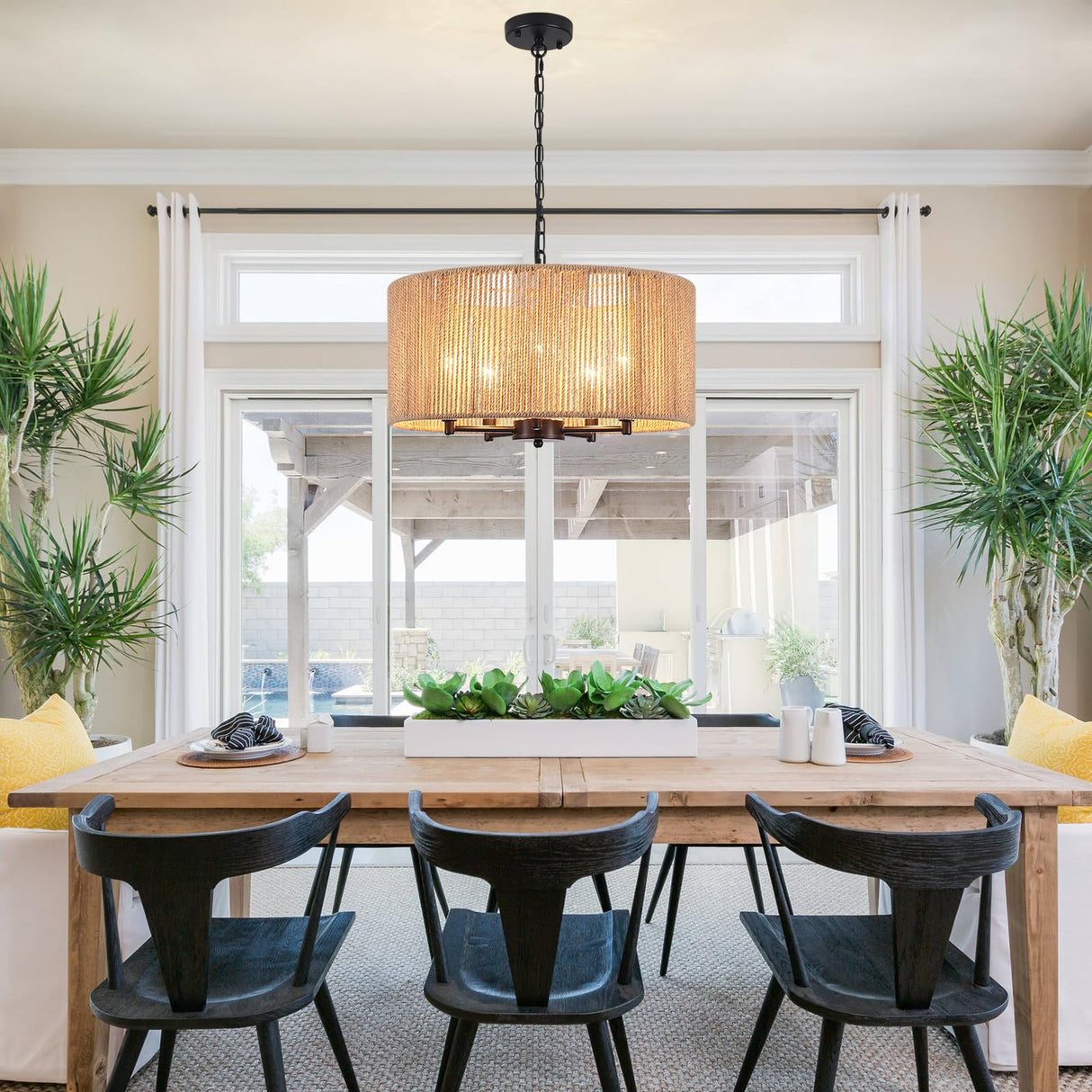 5 Lights Boho Drum Chandeliers for Dining Room Light Fixture, 19" Woven Pendant Light