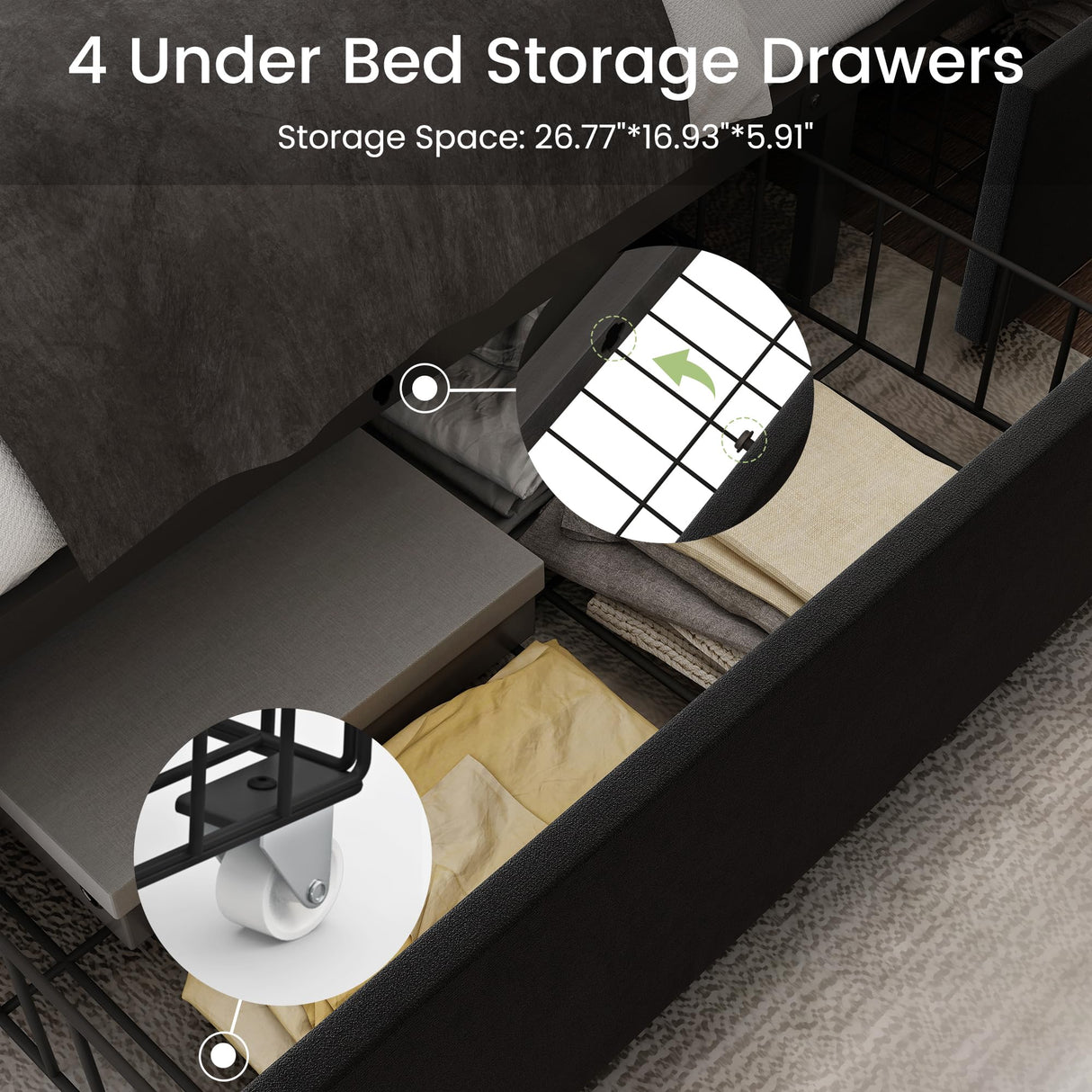 LARMACE Queen Size Upholstered Bed Frame with Storage Velvet Platform Tufted Bed Frame with 4 Drawers and Headboard, Wood Slats Support, No Box Spring Required, Noise-Free, Black