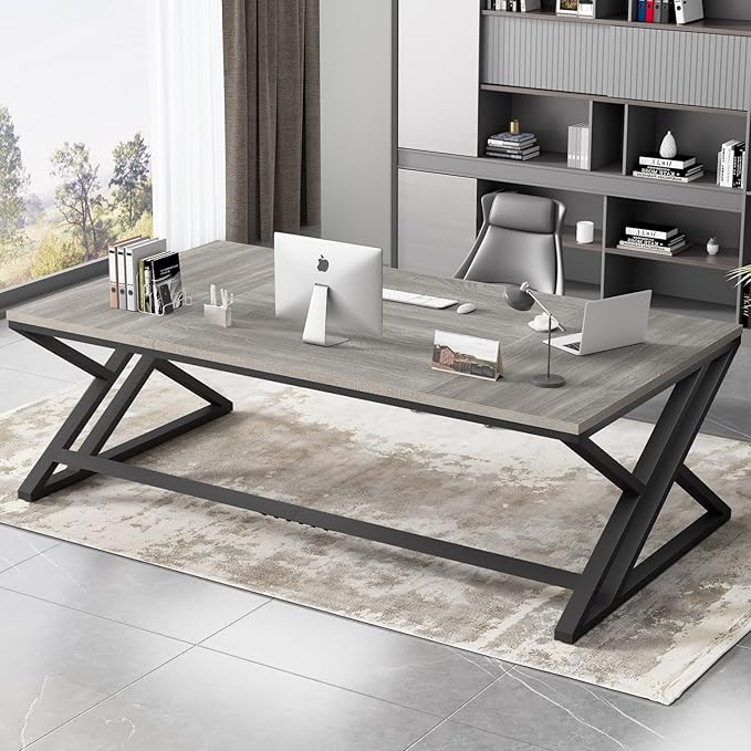 White 70.8" Computer Desk, Modern Large Long Wood Metal Office Desk