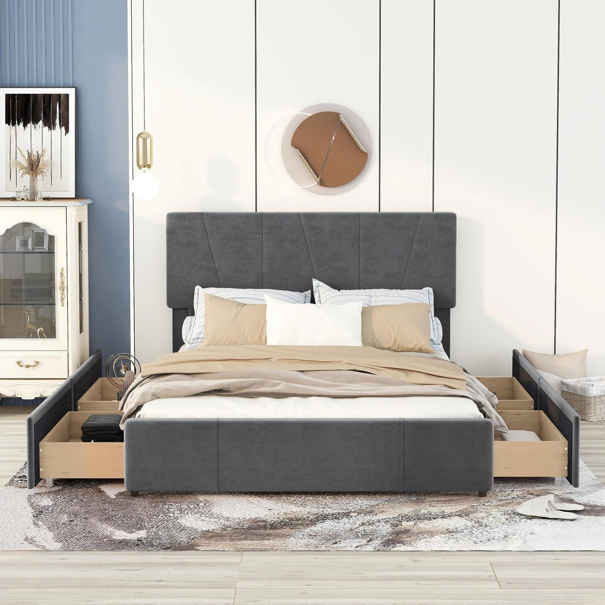 Upholstery Platform Bed with Four Drawers on Two Sides Grey - Queen
