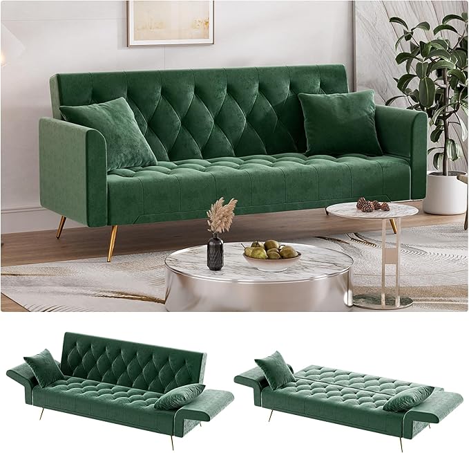 Modern Velvet Futon Sofa Bed, Small Couch, Loveseat, 71" Convertible Futon Sofa