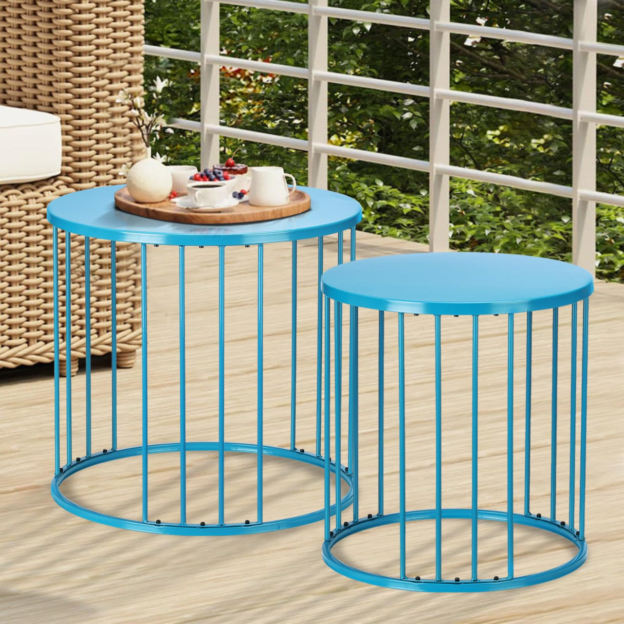LEWIS&WAYNE Outdoor Side Table Set of 2, Metal Circle Accent End Tables for Balcony Backyard Garden Indoor Living Room, Durable Black Nesting Coffee Tables, 20”+16” Dia - Bircata