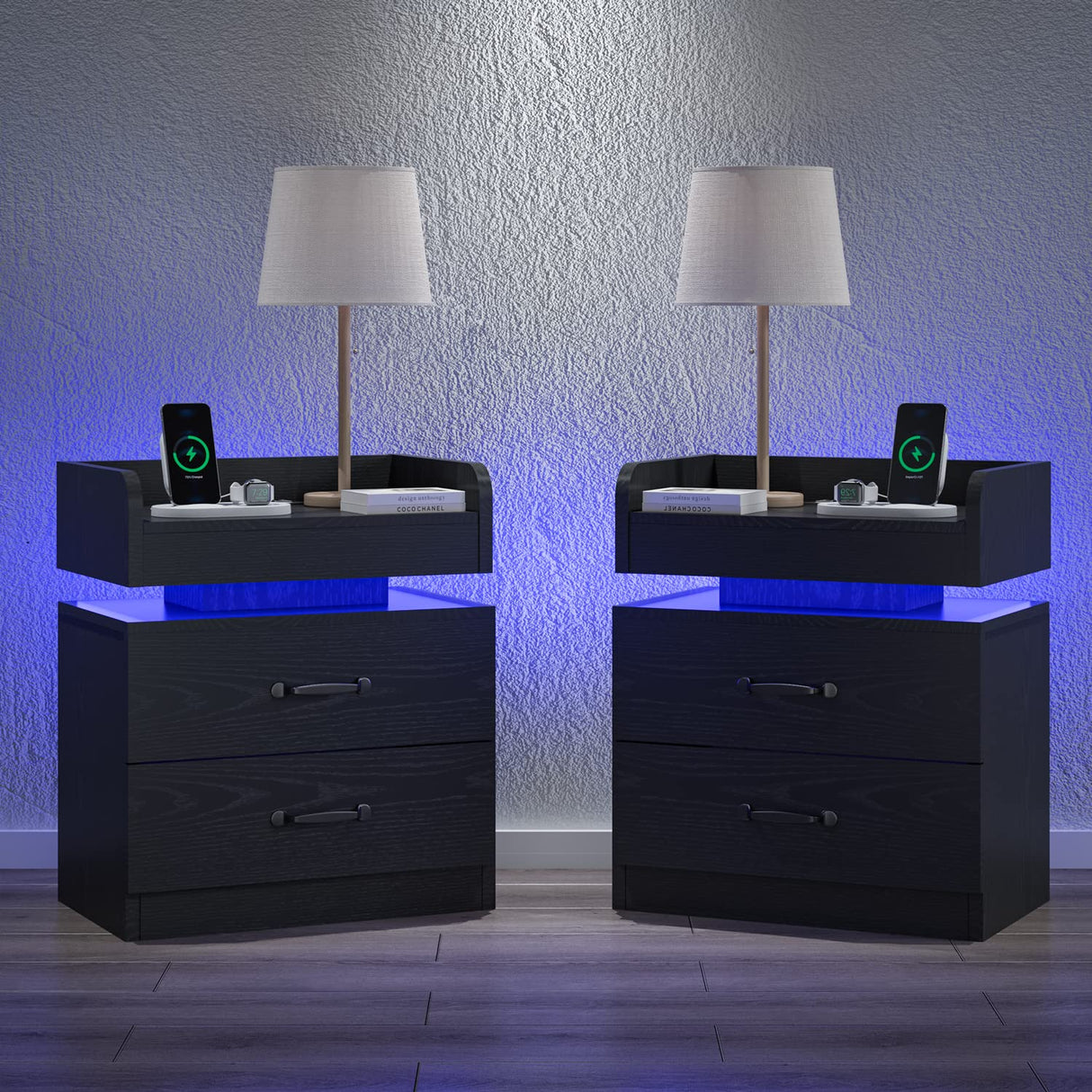 Black Nightstand with Charging Station, Night Stand