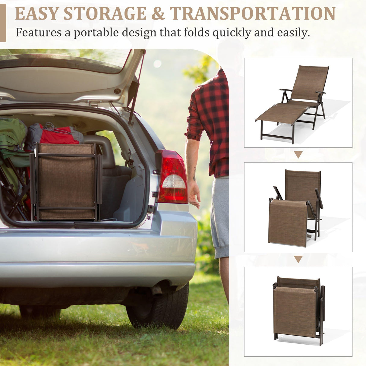 3PCS Outdoor Chaise Lounge & Table Set, Textiline Folding Chaise with Side Table,