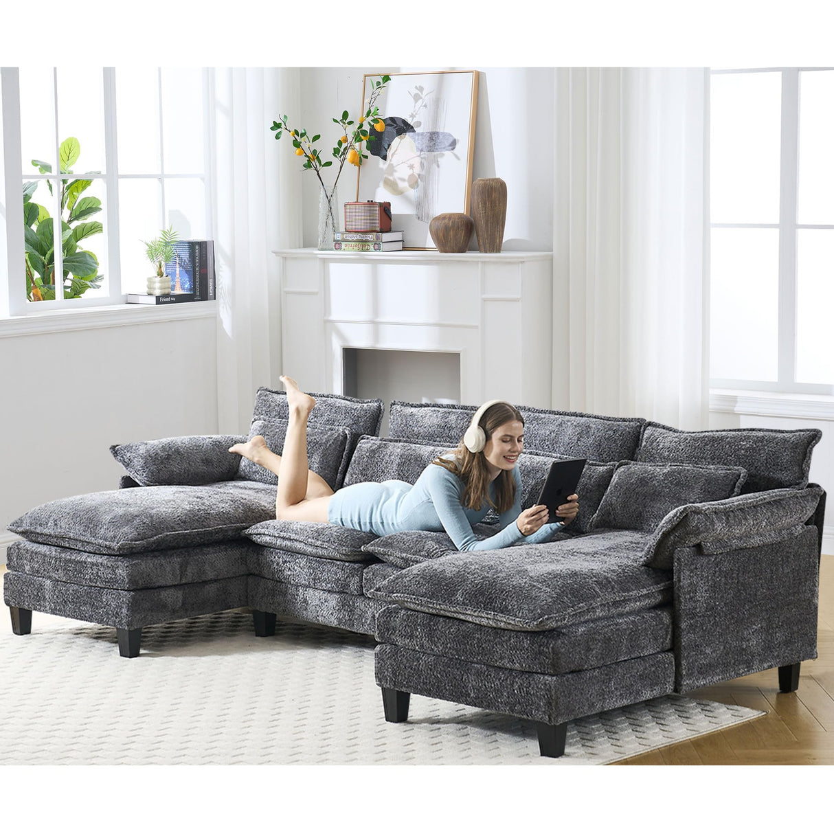 LuxeCloud 110" U-Shaped Sectional Sofa with Ottoman – Deep Grey Plush Cloud Couch