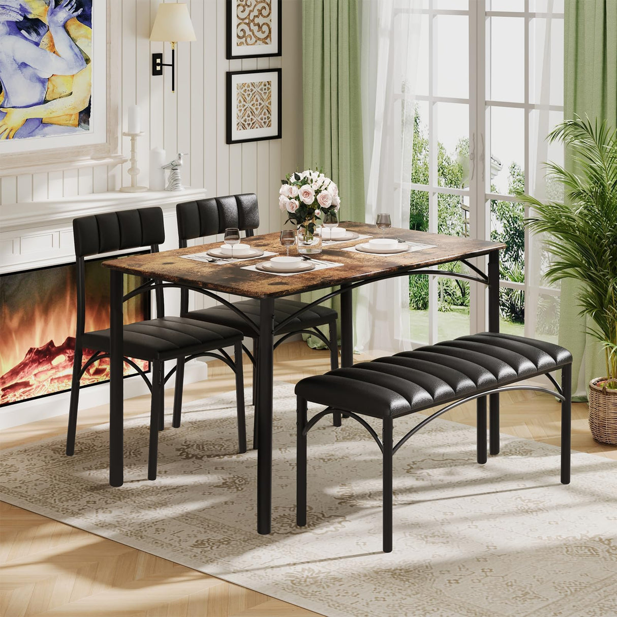 5-Piece Dining Table Set for 4-6 People with Bench and Chairs - 43" Rustic Brown