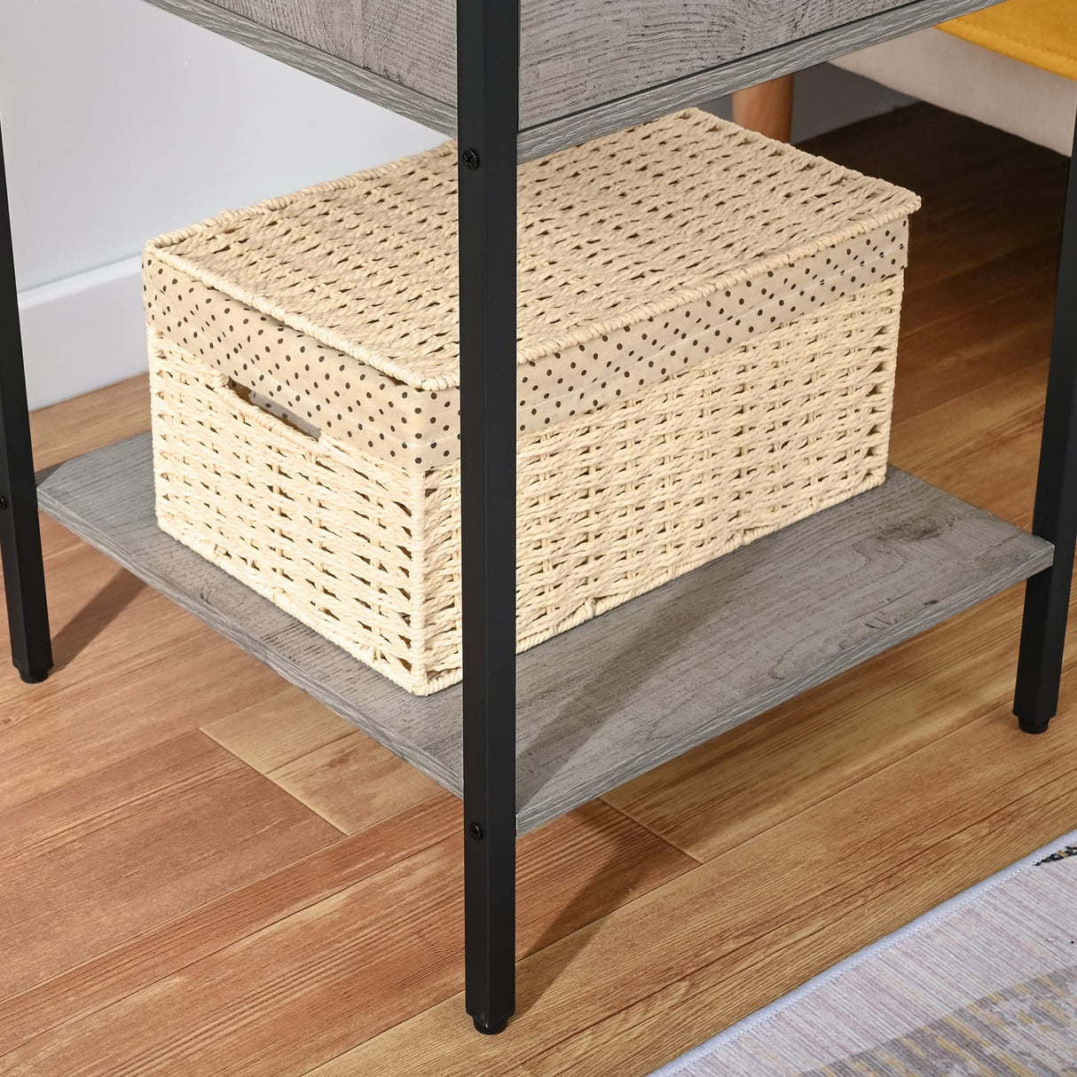 Gray Nightstand with Wood Drawer, Side Table with Storage Shelf, Bedroom