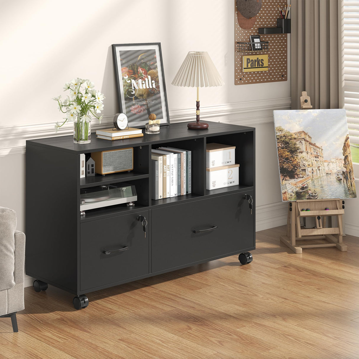 2 Drawer Wood Mobile Large Lateral File Cabinet with Lock, Lockable Rolling Filing Cabinet with Storage Shelves,