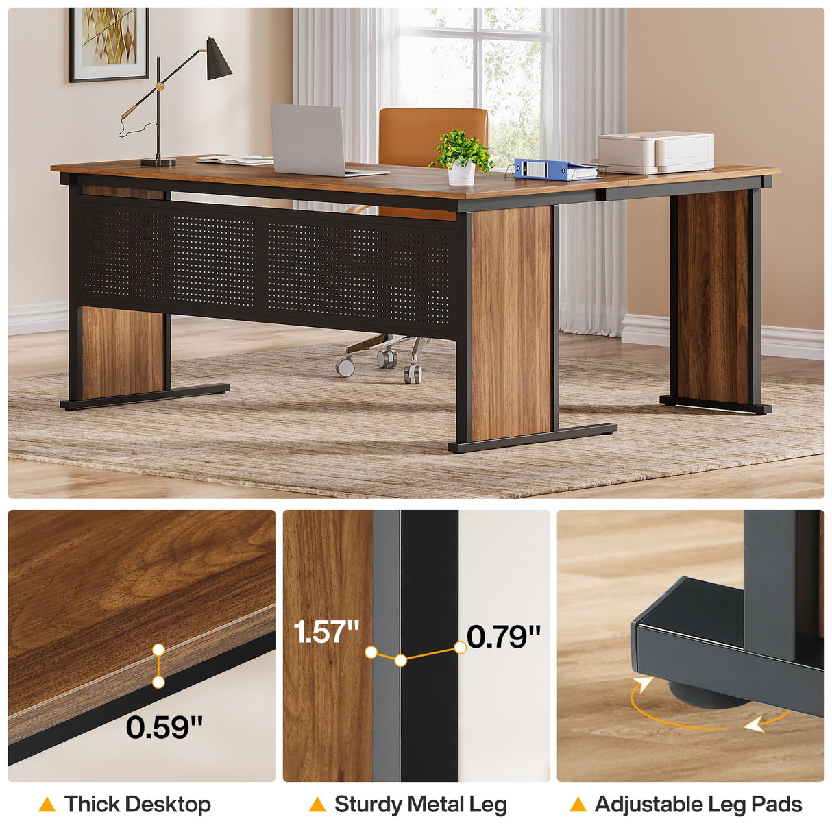 63" L-Shaped Executive Desk, Large Office Desk with Front Baffle, Modern Computer Desk Workstation Business Furniture for Home Office, Walnut & Black