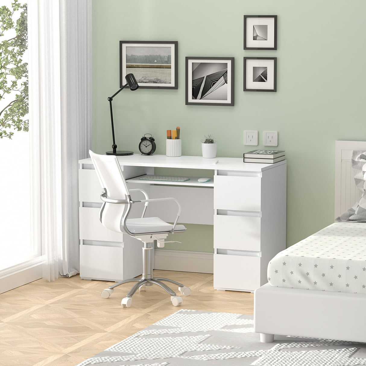 Computer Desk - White Desk with 6 Drawers, 47 Inch Home Office Desk, Modern Writing Desk with Storage,