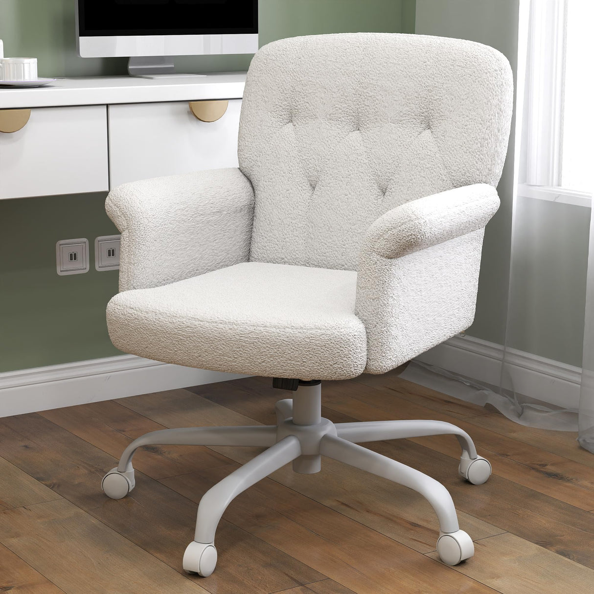 Upholstered Fuzzy Office Chair with Wheels and Arms - White