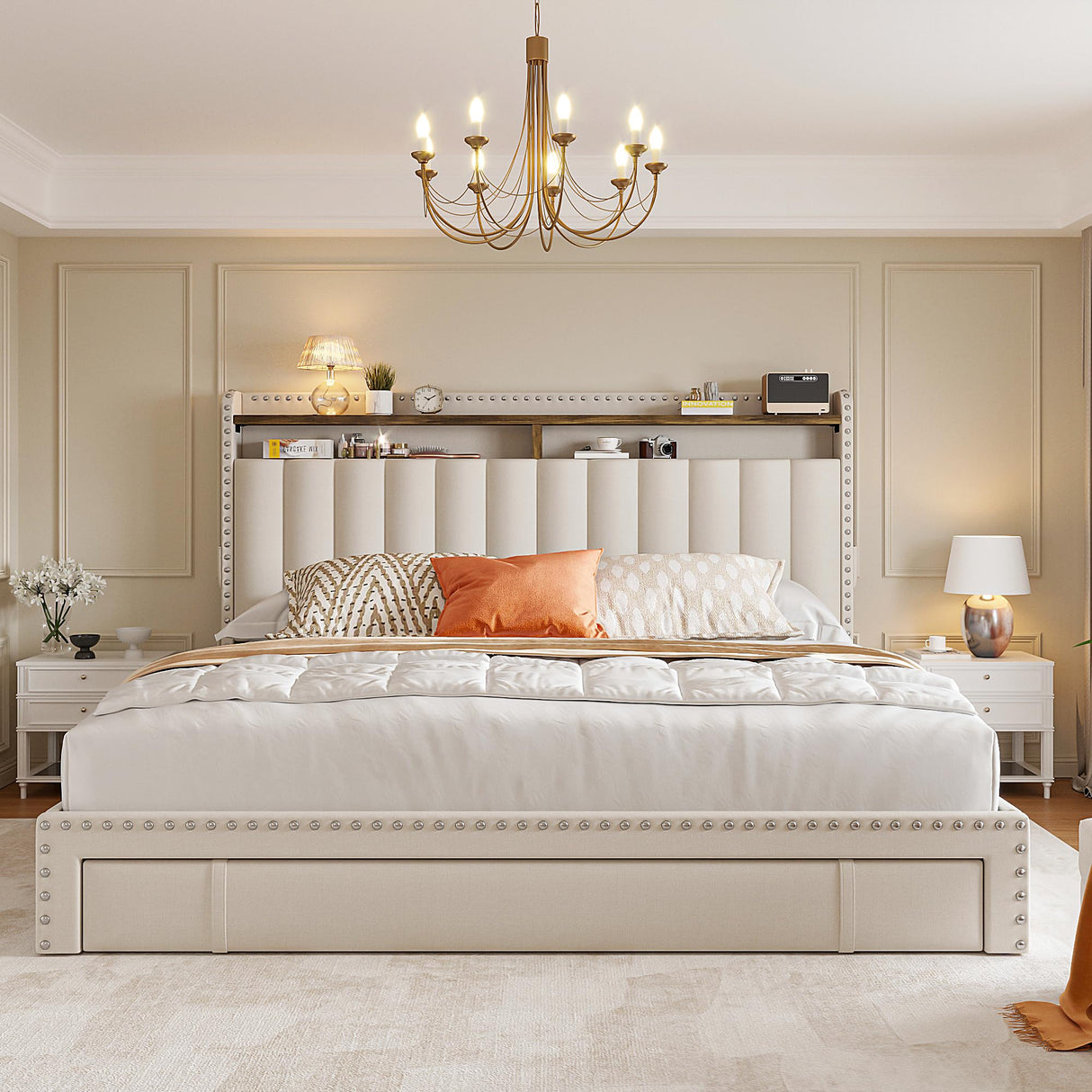 Queen Bed Frame with 3 Drawers,Upholstered Queen Size Bed Frame