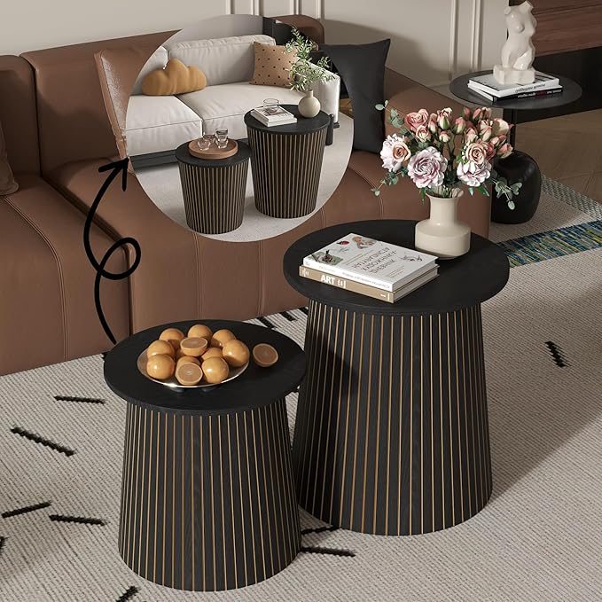 Nesting Coffee Table Set of 2, Round End Table with Storage, Farmhouse Side Table