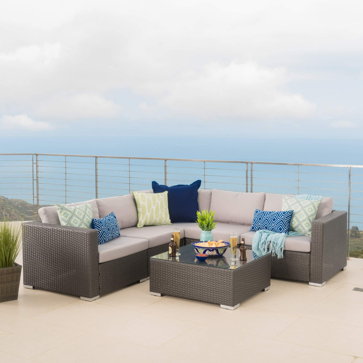 Santa Rosa Outdoor Wicker 5 Seater Sectional Conversation Set with Aluminum Frame and Water Resistant Cushions