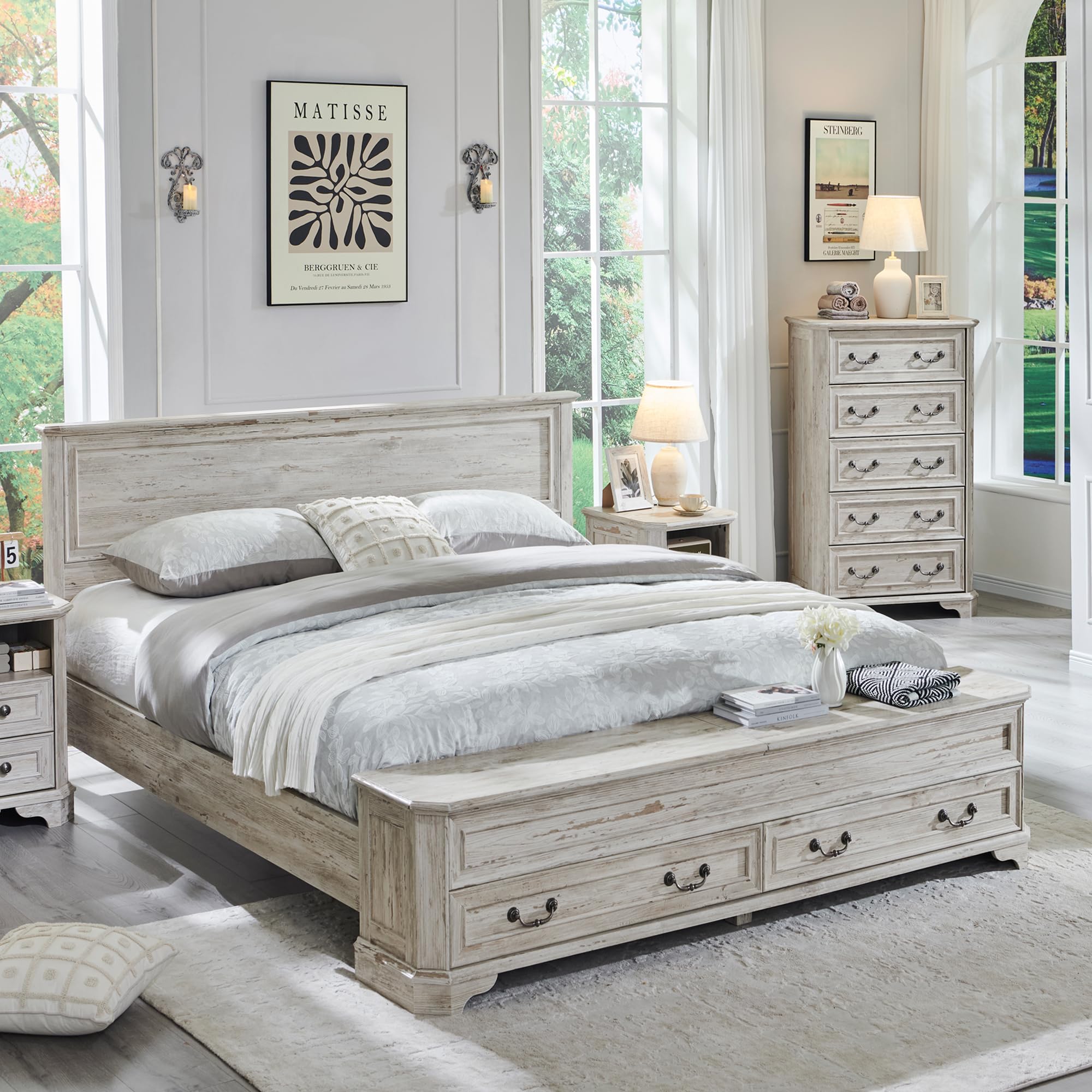 T4TREAM Farmhouse Queen Bed with Headboard & Storage Bench, Rustic Wood Platform Bed w/ 64" Storage Chest & 4 Large Drawer, Distressed White